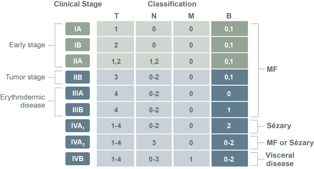 Table showing classifications for mycosis fungoides and Sézary syndrome based on skin, lymph node, viscera, and blood classification.